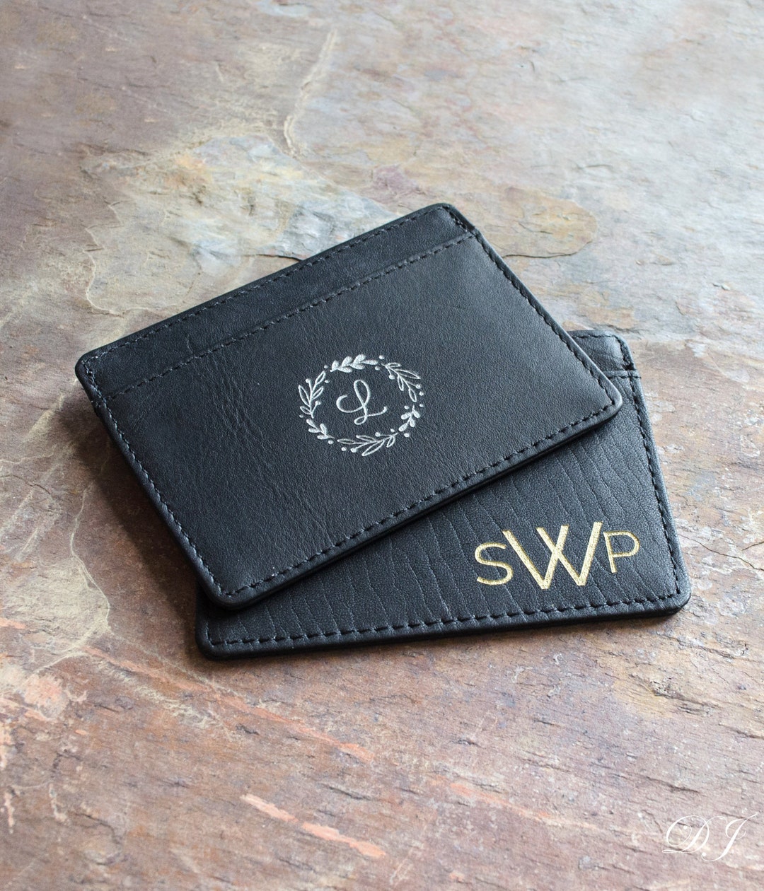 Monogrammed Slim Black Leather Wallet Personalized Engraved Etsy