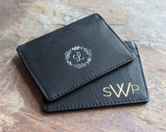 Monogrammed Slim Black Leather Wallet, Personalized Engraved Cardholder with Monogram, Signature, or Drawing with Gold or Silver Detail