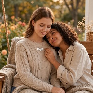 Best friend long-distance necklace worn by two women as a meaningful friendship gift.