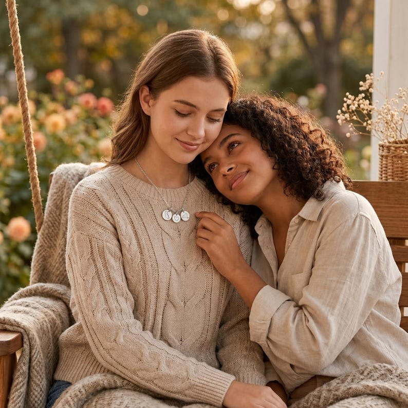 Best friend long-distance necklace worn by two women as a meaningful friendship gift.