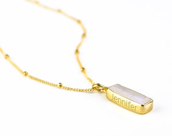 Dainty Rainbow Moonstone Bar Necklace, Secret message Bridesmaid gift, Gold Gemstone Vertical Bar Necklace, Adira Series June Birthstone Bar