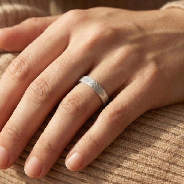 Custom Engraved Fingerprint Ring – Personalized Sterling Silver Promise Ring | In Loving Memory Gift | Fingerprint Jewelry for Couples [R4]
