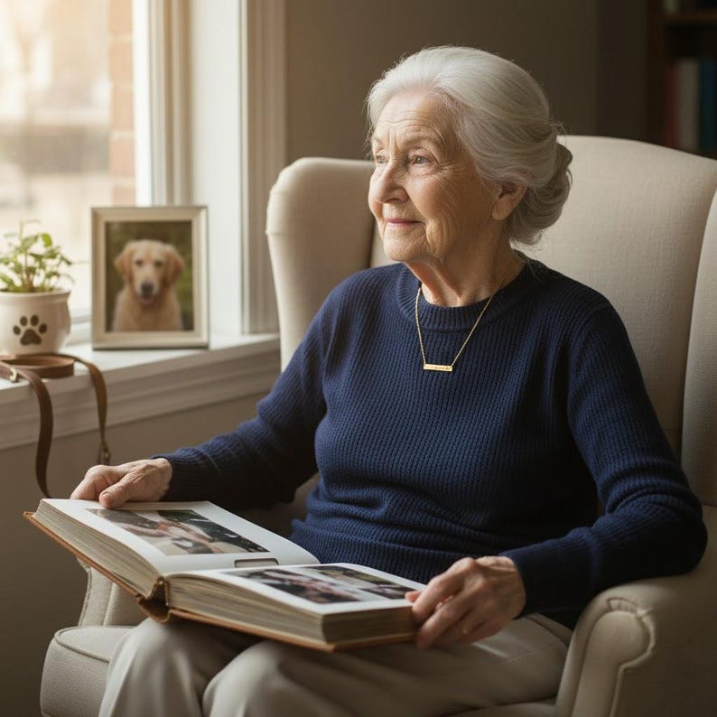 Elderly woman sitting by the window wearing a sterling silver personalized paw print name necklace, holding a photo album to remember her pet. Custom engraved jewelry by Danique Jewelry, featuring pet’s name and paw print on a dainty bar pendant. Pet memorial necklace for dog or cat owners, handmade from sterling silver or gold filled. Elegant sympathy gift, sentimental keepsake for honoring furry friends with timeless jewelry.