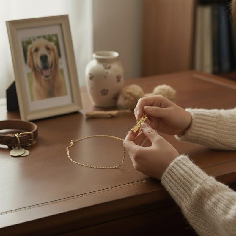 Woman placing her personalized pet name necklace beside a framed photo and paw print urn, representing love and memory of her dog. Custom engraved paw print bar necklace by Danique Jewelry, handcrafted from 925 sterling silver, gold filled, or rose gold filled. Thoughtful pet memorial jewelry and remembrance gift for dog moms and cat owners. Elegant, sentimental, and ready to gift with personalized engraving and delicate chain.