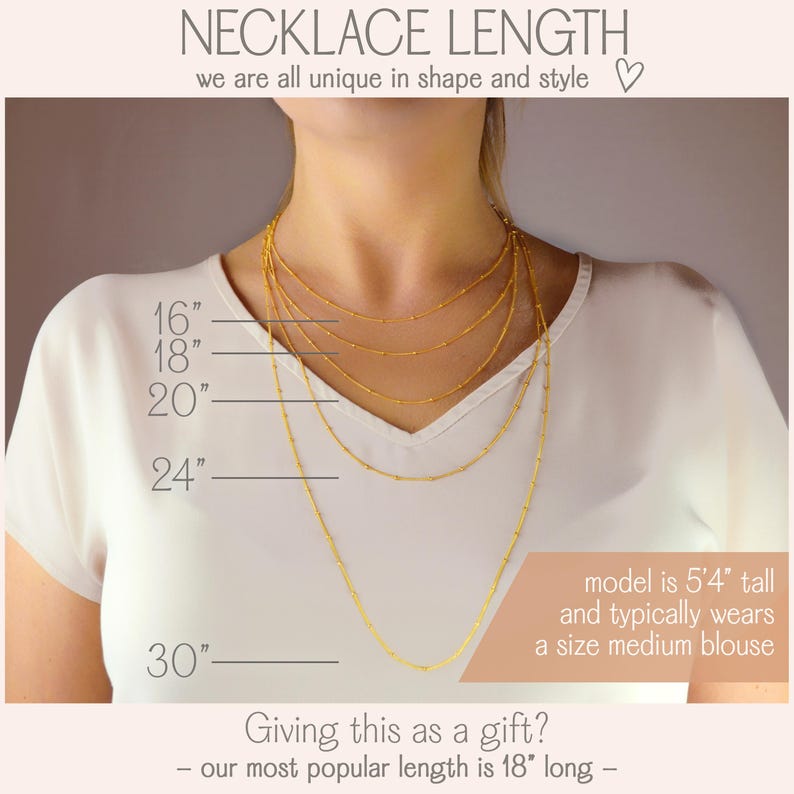 Necklace length chart showing heartbeat bar necklace at 16, 18, 20, 24, and 30 inch lengths. Helps customers choose the perfect size for personalized heartbeat jewelry, ultrasound necklaces, push presents, or meaningful everyday memorial jewelry gifts.
