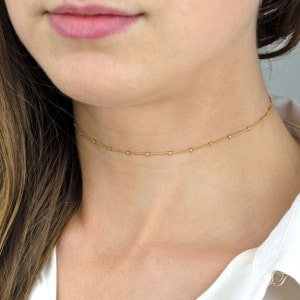 Dew Drops choker Necklace, Dainty Gold Chain Choker Necklace, beaded Chain Choker, Gold Choker, Dainty Choker, Thin Choker, Delicate Choker
