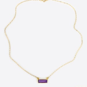 Secret Message engraved bar, Adira Series Dainty Purple Amethyst Bar Necklace, February Birthstone Necklace, Nameplate necklace, baguette image 3