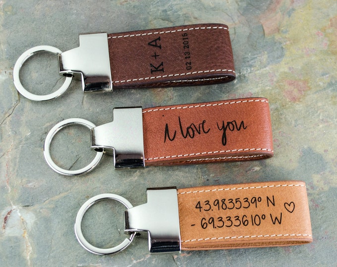Father's Day Gift Engraved Leather Keychain Custom Gift for Her & Him Personalized Signature Monogrammed Key Fob Full Grain Leather Couple