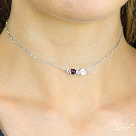 Personalized Custom Birthstone Choker Necklace Silver Choker