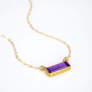 Secret Message engraved bar, Adira Series Dainty Purple Amethyst Bar Necklace, February Birthstone Necklace, Nameplate necklace, baguette image 1
