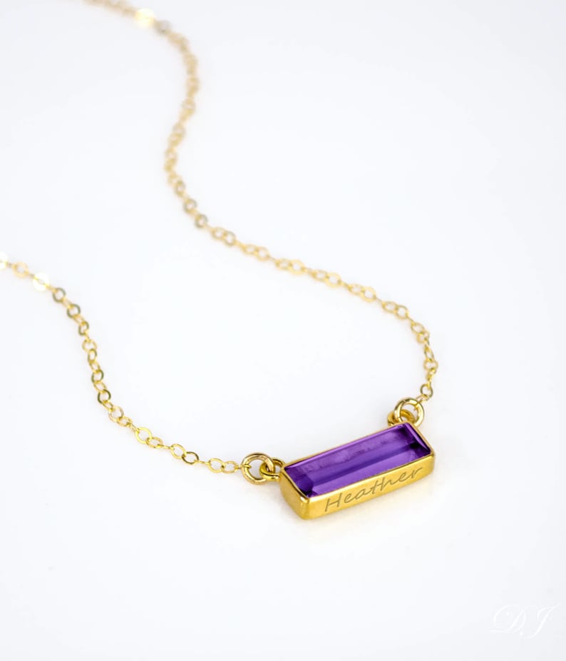 Secret Message engraved bar, Adira Series Dainty Purple Amethyst Bar Necklace, February Birthstone Necklace, Nameplate necklace, baguette image 1