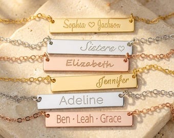 Custom Engraved Name Bar Necklace, Personalized Name Necklace for Women, Dainty Rose Gold or Silver Bar Pendant, Mothers Day Gift for Her