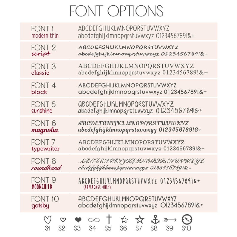Font style chart showing engraving options for personalized heartbeat bar necklaces. Includes serif, script, and modern fonts. Customization guide for engraved jewelry gifts for moms, ultrasound keepsakes, push presents, or miscarriage remembrance.