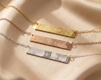 Actual Fingerprint Bar Necklace, Gold Bar Necklace, Finger print Horizontal Bar Necklace, your handwriting or text Sterling Silver Rose Gold