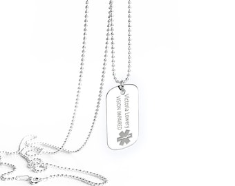 Medical ID Mens Necklace, Couple’s Medical Dog Tag, Small Sterling Silver and Large Stainless Steel Med ID Dog Tag Options for Men and Women