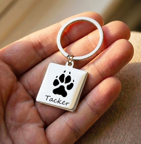 Paw Print Key Chain, Personalized Pet Name Jewelry, Pet lover Key Chain, pet mom gift Ideas for her in memory of dog, cat key charm 25mm