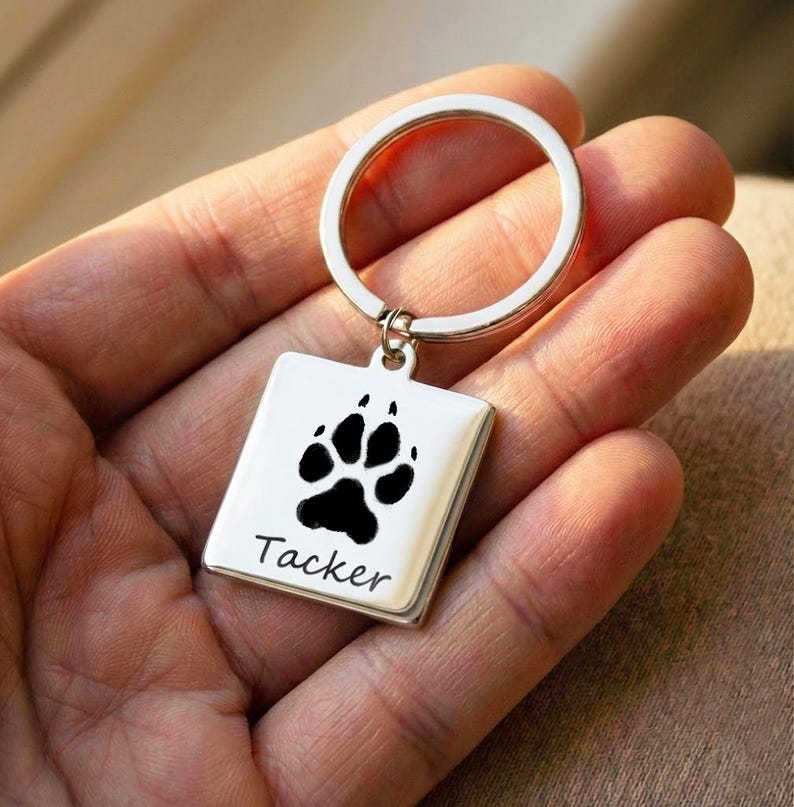 Personalisierter Schlüsselanhänger mit Pfotenabdruck, individueller Schlüsselanhänger mit Haustiernamen, Erinnerungsgeschenk für Hund oder Katze, Andenken an ein verstorbenes Haustier, Geschenk für Tierhalterinnen, 25 mm Anhänger Bild 1