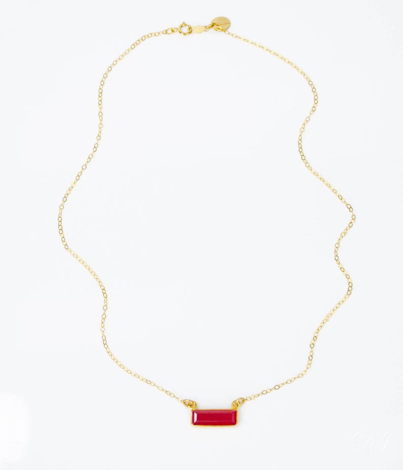 Ruby Bar Necklace Birthstone for July, Custom Name Necklace Personalized, Dainty Gold Gemstone Bar Necklace, Adira Series, Baguette Bar image 3