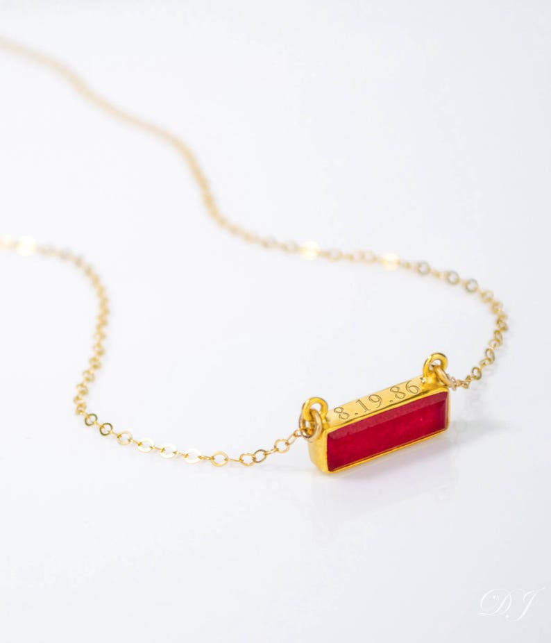 Ruby Bar Necklace Birthstone for July, Custom Name Necklace Personalized, Dainty Gold Gemstone Bar Necklace, Adira Series, Baguette Bar image 4