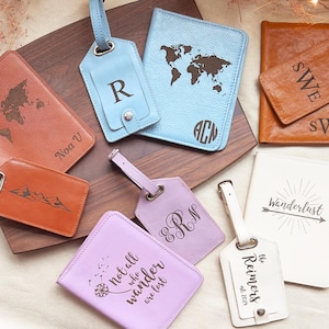 Juego de viaje de cuero personalizado • Porta pasaporte y etiqueta de equipaje personalizados • Juegos de viaje familiares con monograma • Billetera de viaje con nombre • Regalo para viajeros