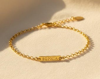 Pulsera de barra horizontal, pulsera personalizada, pulsera con placa de nombre, pulsera de identificación, pulsera de barra pequeña personalizada, regalo de Navidad para ella