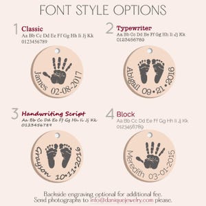 Font style chart showing engraving choices for personalized footprint necklaces. Options include Classic, Typewriter, Handwriting Script, and Block styles for customizing baby’s name, birthday, or special message alongside engraved footprints. Each round pendant is crafted in sterling silver, gold, or rose gold with chain lengths from 16 to 30"  guide for creating custom newborn keepsake jewelry, push presents, baby shower necklaces or memorial remembrance pieces with meaningful personalization.