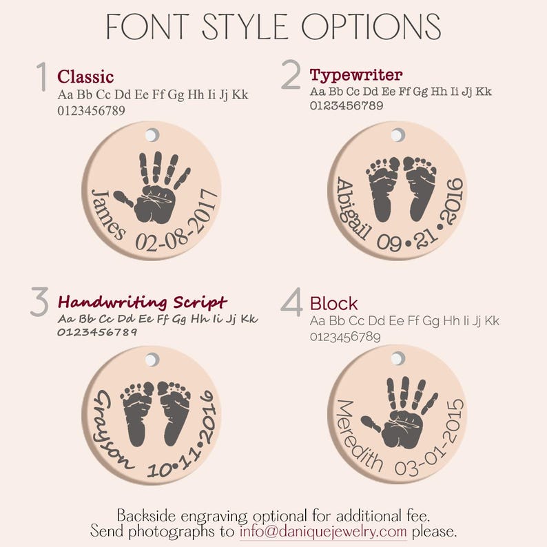Font style chart showing engraving choices for personalized footprint necklaces. Options include Classic, Typewriter, Handwriting Script, and Block styles for customizing baby’s name, birthday, or special message alongside engraved footprints. Each round pendant is crafted in sterling silver, gold, or rose gold with chain lengths from 16 to 30"  guide for creating custom newborn keepsake jewelry, push presents, baby shower necklaces or memorial remembrance pieces with meaningful personalization.