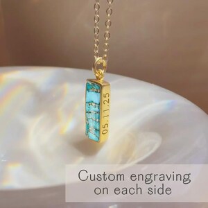 Natural copper turquoise December birthstone baguette necklace, dainty and modern bar pendant with hidden engraving inside or on the sides. A personalized jewelry gift for moms, daughters, or best friends. Perfect December birthday gift or Christmas keepsake.