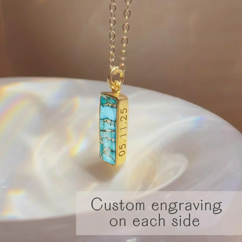 Natural copper turquoise December birthstone baguette necklace, dainty and modern bar pendant with hidden engraving inside or on the sides. A personalized jewelry gift for moms, daughters, or best friends. Perfect December birthday gift or Christmas keepsake.