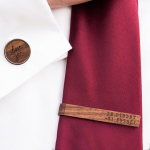 Custom Wood Tie Clip & Cufflink Set • Personalized Rustic Wooden Tie Bar for Wedding • Monogram, Handwriting or Coordinates • Groomsmen Gift