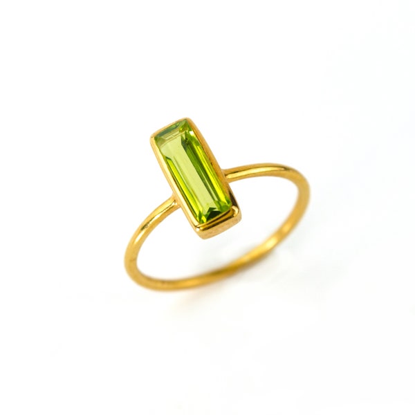 Tiny Peridot Bar Ring, August Birthstone Ring, Geometric Modern Ring, Gemstone Vertical Bar Ring August Birthday gift Adira Ring baguette