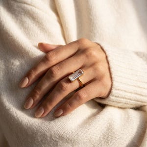 Clear Quartz Bar Ring, April Birthstone Ring, Faceted Rectangle Ring, Dainty Gold Stacking Ring, Minimalist Crystal Ring, Gift for Her