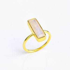 Rainbow Moonstone Bar Ring, June Birthstone Ring, Geometric Ring Modern Ring, White Vertical Bar Ring June Birthday gift Adira baguette ring