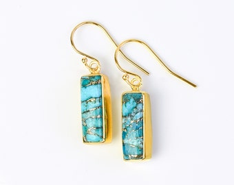 Adira Turquoise Bar Drop Earrings, Gold Dangle Earrings, December Birthstone Jewelry, Statement Gemstone Bar Earrings Unique vertical bar