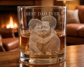 Personalized Father’s Day Whiskey Glass, Custom Photo Engraved Rocks Glass, Best Dad Ever Gift for Dad Grandpa Papa Husband Bourbon Memorial