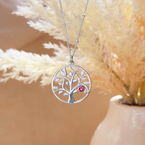 Personalized Family Tree Birthstone Pendant Necklace • Christmas Gift for Wife or Mom • Bezel Set Tree of Life Pendant • Gold, Silver, Rose