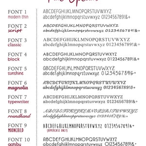 May include: A chart showing 10 different font styles with the names "modern thin", "script", "classic", "block", "sunshine", "magnolia", "typewriter", "roundhand", "MOONCHILD", and "gatsby". Each font style is shown with the alphabet in uppercase and lowercase, numbers, and punctuation marks.