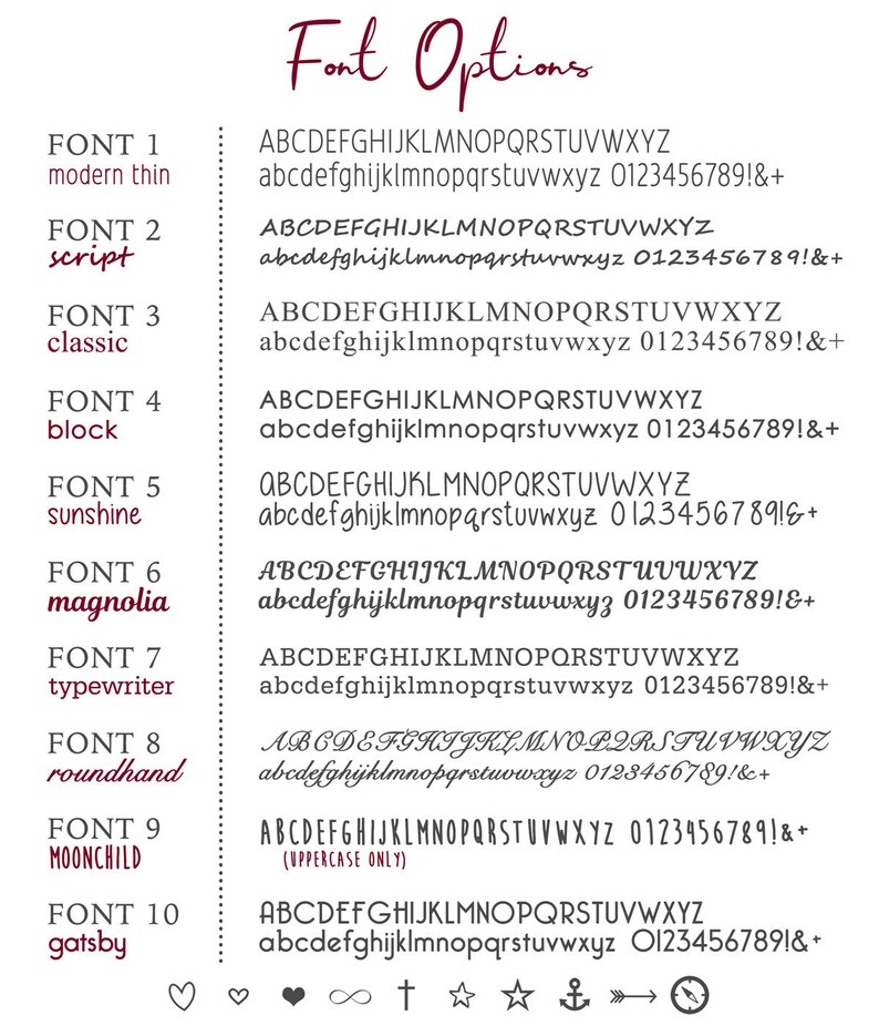 May include: A chart showing 10 different font styles with the names "modern thin", "script", "classic", "block", "sunshine", "magnolia", "typewriter", "roundhand", "MOONCHILD", and "gatsby". Each font style is shown with the alphabet in uppercase and lowercase, numbers, and punctuation marks.