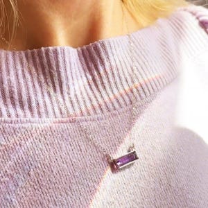 Custom Birthstone Necklace • February Purple Amethyst Jewelry, Personalized Gift for Her Initial or Name Bar Secret Message Necklace for Mom