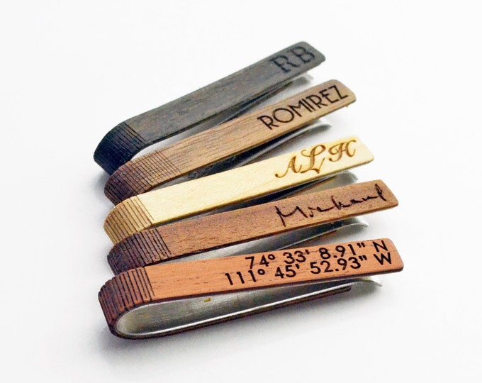 Personalized Wood Tie Clip with Name, Coordinates, Initials・Wedding Gift for Him・Real Wood Veneer Mens Accessories・Monogram Groomsman Gift