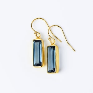 Adira Kyanite Bar Drop Earrings, Gold Dangle Earrings, September Birthstone Jewelry Statement Gemstone Bar Earrings Unique vertical bar image 1