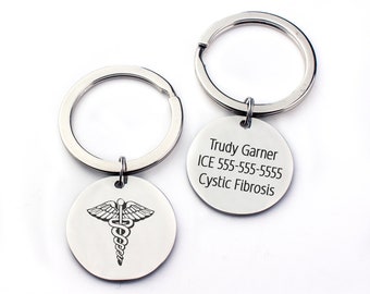 Personalized Medical ID Stainless Keychain for Him or Her, Custom Cute Shapes Keychain, Circle keychain, Medical ID Keychain Heart shape