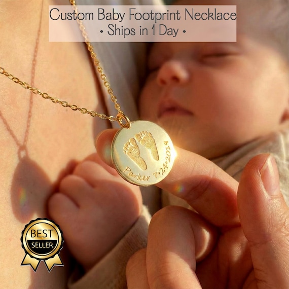 Valentine's Gift – Personalized Mother's Necklace with Baby's Name & Footprints | Newborn Keepsake | Minimalist Sterling Silver Mom Necklace