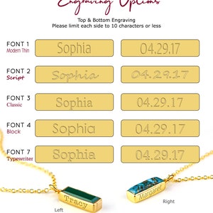 Sophia written in several fonts. Modern Thin, Script, Classic, Block, Typewriter. Engrave, customize and personalize your necklaces with any of these options! Custom pendant, personalized necklace, gem necklace, bar necklace, birthstone jewelry