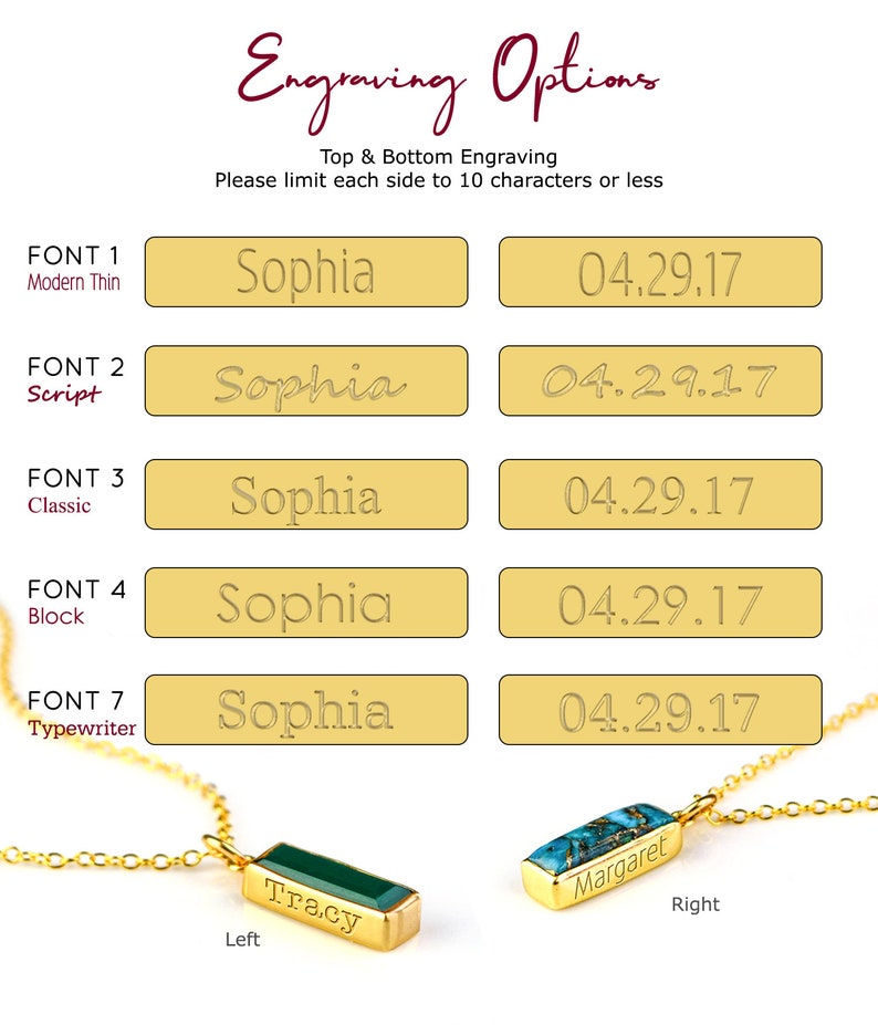 Sophia written in several fonts. Modern Thin, Script, Classic, Block, Typewriter. Engrave, customize and personalize your necklaces with any of these options! Custom pendant, personalized necklace, gem necklace, bar necklace, birthstone jewelry