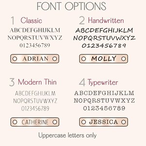 font options chart for personalized tiny bar bracelet showing four engraving styles labeled 1 Classic, 2 Handwritten, 3 Modern Thin and 4 Typewriter, each with full uppercase alphabet and numbers plus sample name plates reading Adrian, Molly, Catherine and Jessica on rose gold bar, uppercase letters only note at bottom, helpful guide for choosing lettering style when customizing a tiny bar bracelet, monogram bracelet or engraved nameplate jewelry gift for her