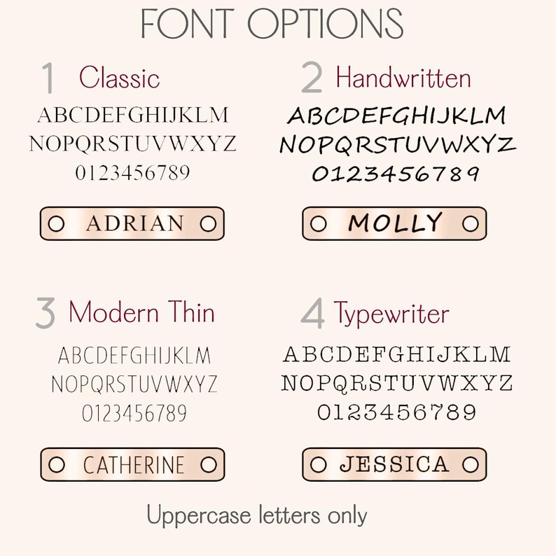 font options chart for personalized tiny bar bracelet showing four engraving styles labeled 1 Classic, 2 Handwritten, 3 Modern Thin and 4 Typewriter, each with full uppercase alphabet and numbers plus sample name plates reading Adrian, Molly, Catherine and Jessica on rose gold bar, uppercase letters only note at bottom, helpful guide for choosing lettering style when customizing a tiny bar bracelet, monogram bracelet or engraved nameplate jewelry gift for her