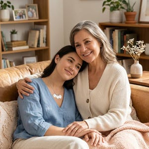 Mother and daughter wearing matching personalized long-distance necklaces with custom location charms.