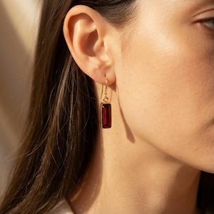Garnet Bar Earrings, January Birthstone Dangle Earrings, Red Gemstone Jewelry, Gold or Silver Bridesmaid Gift, Minimalist Adira Earrings