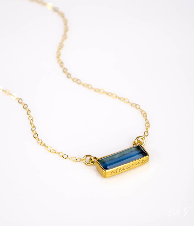 Baguette Birthstone Bar Necklace with Birthstone and Name Necklace Personalized Gold Bar, Blue Kyanite Necklace September Birthstone Adira image 2